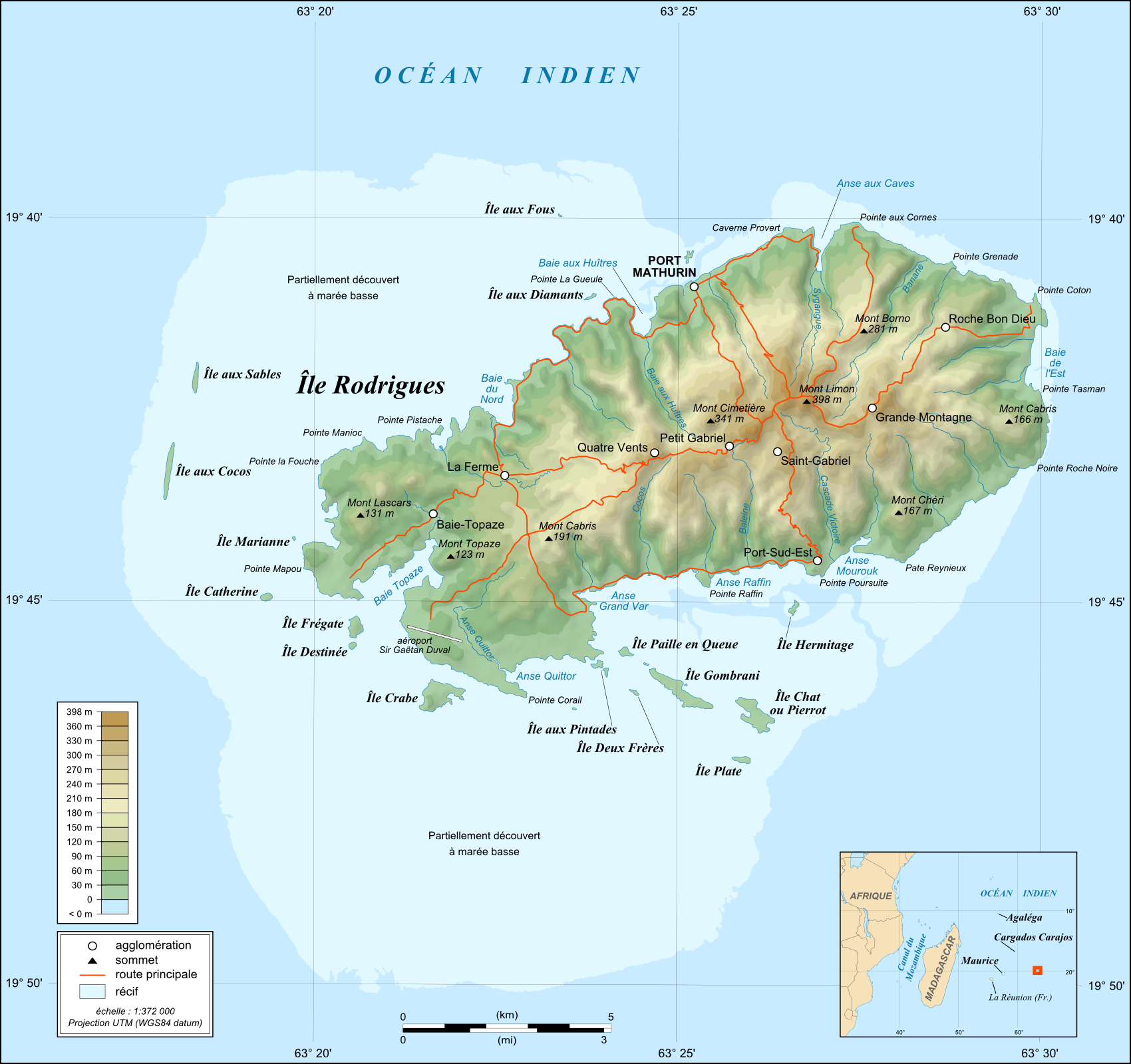 Rodrigues island topographic map fr